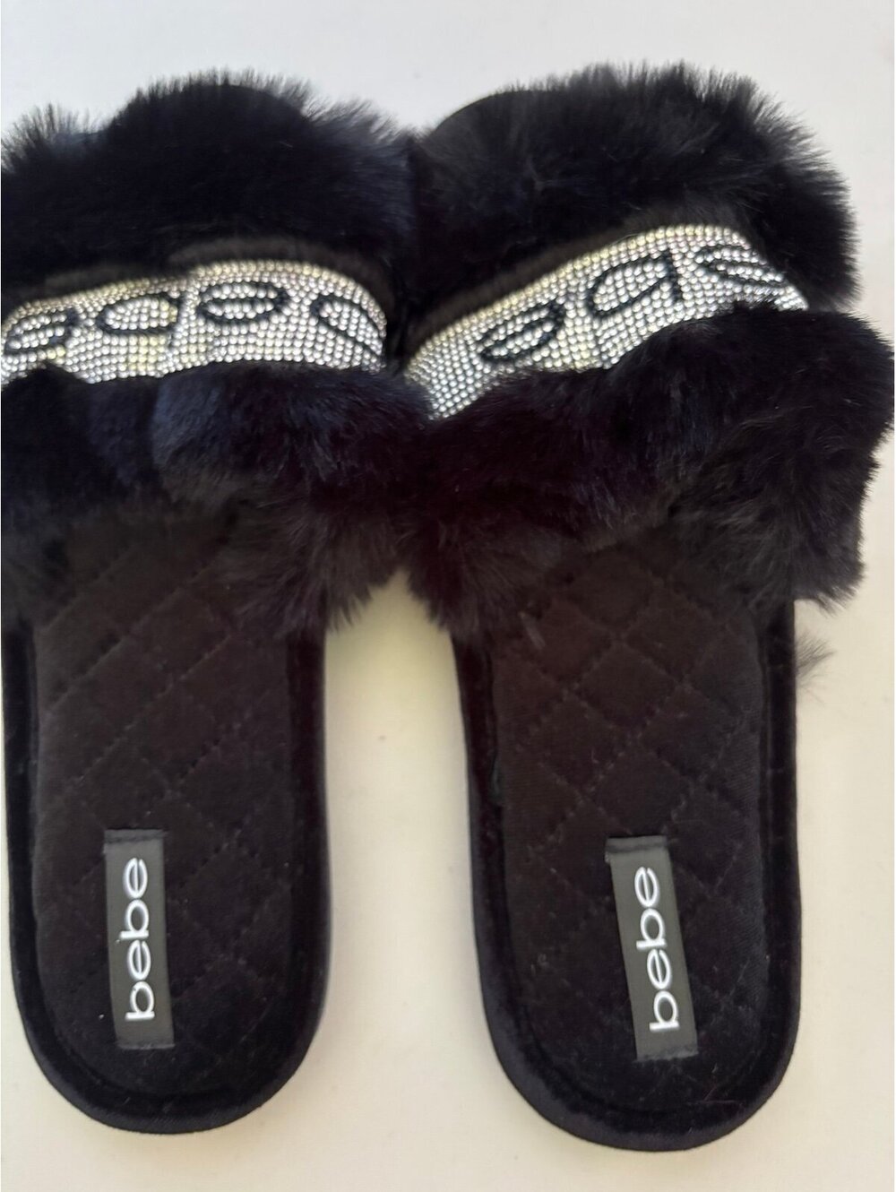 bebe Black Faux Fur Slide Sandals with Rhinestone Logo Band - Picture 5 of 7